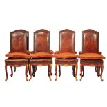 Eight Vintage Louis XV-Style Painted and Parcel Gilt Dining Chairs, early 20th c., padded back and