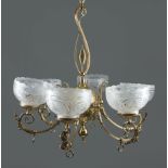 American Aesthetic Brass Six-Light Gasolier, late 19th c., ribbed scroll and foliate design, foliate