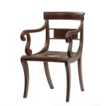 American Classical Mahogany Armchair, 19th c., crest rail, concave reeded back slat, S scroll arms