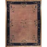 Chinese Nichols Carpet, light pink ground, blue border, floral and bird design, 11 ft. x 14 ft. 4 in