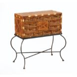 Continental Inlaid Fruitwood Chest-on-Stand, lozenge border, twelve drawers, prospect door with