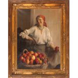Emil Pap (Hungarian, 1884-1949), "Apples for Sale", oil on canvas, signed lower right, 39 1/2 in.