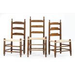 Three Acadian Hardwood Ladderback Side Chairs, 19thc., turned finials, shaped slats, ring turned