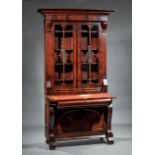 American Late Classical Carved Mahogany Secretary-Bookcase, c. 1840, stepped cornice, glazed