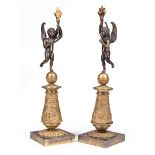 Pair of French Gilt and Patinated Bronze Figures of Cherubs, 19th c., foliate base, h. 16 in., w.