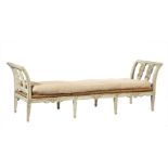 Neoclassical Carved and Painted Daybed, 18th c., outswept arms with carved lyre splats, swag and