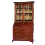 Antique George III-Style Mahogany Secretary Bookcase, dentilated coved cornice, glazed doors,