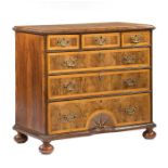 Antique William & Mary-Style Oyster Veneer Walnut Chest-of-Drawers, geometric inlaid molded top,