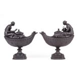 Pair of Wedgwood Black Basalt Figural Oil Lamps, 19th c., impressed 'C' and uppercase mark, woman