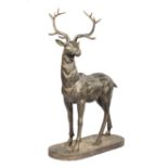 Large Pair of American Cast Iron Deer Garden Statues, opposing, both in upright stance, raised