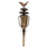 Pair of American Brass and Tole Peinte Carriage Lamps, 19th c., spreadwing eagle finials, beveled