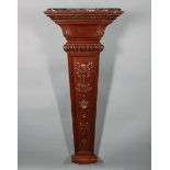 American Renaissance Carved Walnut Pedestal, late 19th c., later black marble top, tapered form with