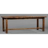 Tropical Hardwood Plank Top Table, old slab top with four "butterfly" repairs, later base with H