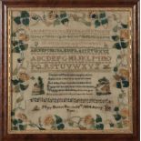 American Schoolgirl Sampler, signed "Mary Boston, Dec. the 16th, 1834, aged 9 Years", floral border,