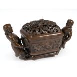 Chinese Patinated Bronze Covered Censer, rectangular body cast with band of frolicking lion-dogs,