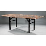 Contemporary Variegated Marble Dining Table, shaped top, ebonized straight legs, stretchers, h. 28
