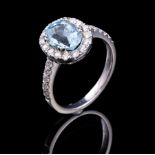 Platinum, Aquamarine and Diamond Ring, central prong set oval cut aquamarine, 2.36 cts., approx. 9.