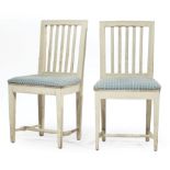Pair of Swedish Carved and Painted Side Chairs, late 18th c., square shaped backs, reeded splats,