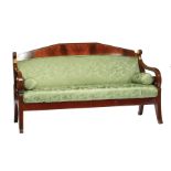 Continental Neoclassical Parcel Gilt Mahogany Settee, 19th c., pedimented crest rail, scrolled arms,