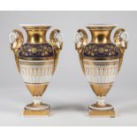 Pair of Paris Gilt and Bleu Royale Porcelain Vases, 19th c., swan's neck handles, square plinth