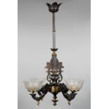 American Gilt and Patinated Bronze Four-Light Gasolier, 19th c., possibly Cornelius, stylized