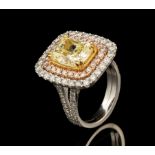 18 kt. White Gold, Yellow, Pink and White Diamond "Unity" Ring, central yellow gold prong set