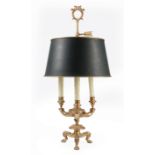 French Gilt Bronze Three-Light Bouillotte Lamp, adjustable green tole peinte shade, electrified,