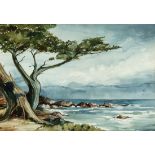 American School, 20th c ., "Trees along a Rocky Coast", watercolor on paper, signed "E. Baldwin"