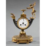 Empire-Style Bronze Figural Mantel Clock, 19th c., Roman oil lamp form, striking bell movement, h.