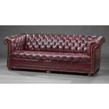 Leather Chesterfield Sofa, button tufted back, seat and arms, nailhead trim, bun feet, h. 27 in., w.