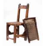 Early Louisiana Carved Pine Side Chair and Cypress Washboard, probably 18th c., chair with hide