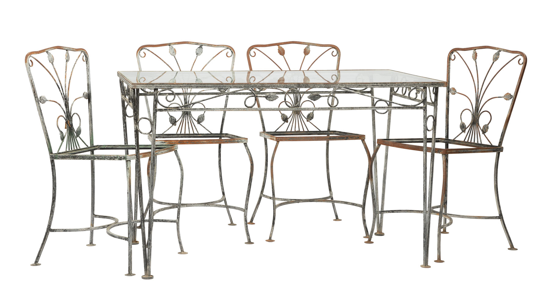 Vintage Wrought Iron Garden Suite, incl. four chairs and table with associated glass top, scroll and