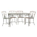 Vintage Wrought Iron Garden Suite, incl. four chairs and table with associated glass top, scroll and