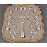 Cased Set of Twelve French First Standard Silver Coffee Spoons and Sugar Tongs, G. Marmuse, Paris,