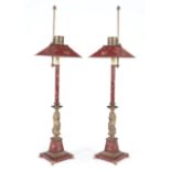 Pair of Regency-Style Peinte Tole Candle Lamps, Frederick Cooper, Chicago, adjustable shade, lion