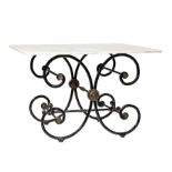 Belle Epoque Brass-Mounted Wrought Iron Baker's Table, later marble top, scrolled base, H stretcher,