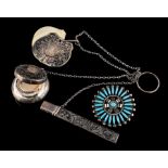 Group of Silver Jewelry, incl. chatelaine with pencil, notepad and pillbox; and Native American