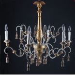 Italian Giltwood and Painted Metal Six-Light Chandelier, vasiform standard, scroll arms, tassel