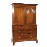 George III Oak Linen Press, early 19th c., molded cornice, paneled doors, shelf interior, lower case