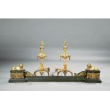Continental Bronze Fire Fender and Pair of Andirons, fender with recumbent lions and adjustable