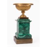 Antique Diminutive French Gilt Bronze Urn on Malachite Plinth, 19th c., h. 6 1/4 in., dia. 3 1/4 in