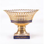Paris Gilt and Bleu de Roi Porcelain Navette-Form Corbeille, 19th c., oval reticulated basket,