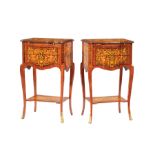 Pair of Louis XV/XVI-Style Bronze-Mounted Parquetry and Marquetry Petite Commodes, shaped top,