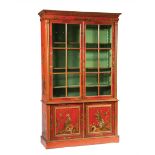 Antique Continental Chinoiserie Bookcase, molded cornice, bolection frieze, two glazed doors over