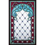 American Polychrome Leaded Glass Window Pane, anthemion centered foliate motif, cabochon mounted