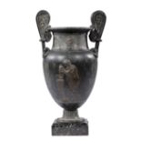 Large Grand Tour Bronze Urn, 19th c., scrollwork handles, reliefs of Classical figures, mounted on