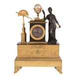French Gilt and Patinated Bronze Figural Mantel Clock, 19th c., figure personifying astronomy,