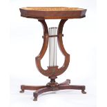 Continental Bronze-Mounted Mahogany Side Table, early 20th c., fabric-lined tray top, lyre