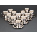 Set of Twelve Tiffany Sterling Silver Demitasse Cup Frames and Saucers with Lenox Porcelain