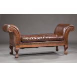 Ralph Lauren Waxed Leather Window Bench, labeled, out-scrolled arms, molded frame, brass nailhead